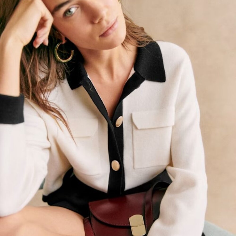 Sezane Betty Cardigan - Black / Ecru - 100% Merino Wool - NWT